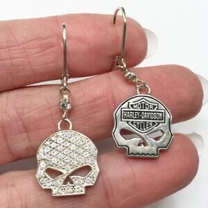 Harley Davidson Sterling Silver Earring Willie G Pave Crystal Skull Dangle Drop